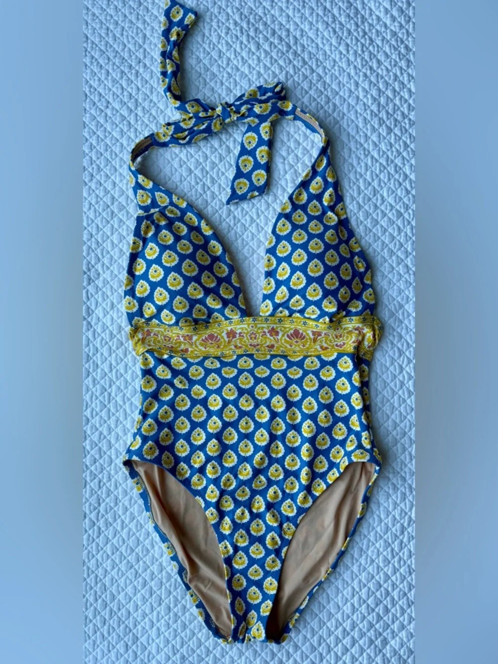 J.Crew Blue Floral Halter Block Print One Piece Swimsuit Size 8